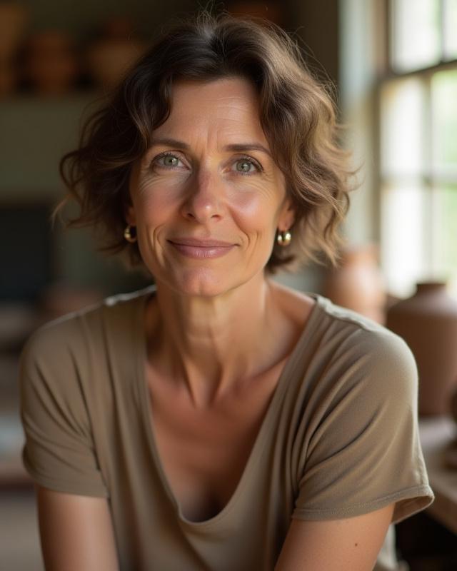 Professional yet approachable portrait of ceramic artist Dorothy Braniff in her studio.