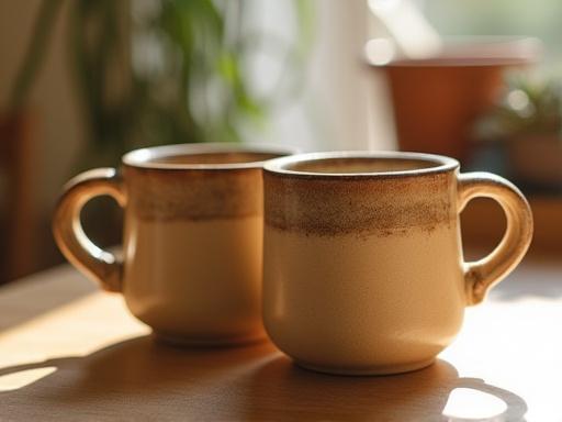 Pair of handcrafted ceramic coffee mugs with comfortable handles