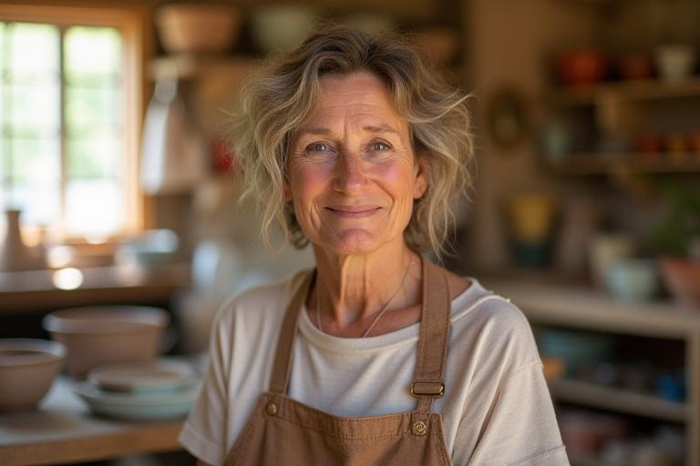 Dorothy Braniff smiling in her light-filled pottery studio surrounded by ceramic creations