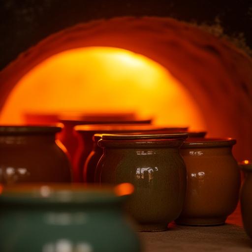 Ceramic pieces gleaming after their final firing, cooling inside a kiln.