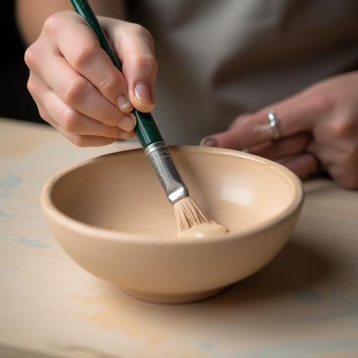 Ceramic artist applying glaze to a bisque-fired bowl with a brush.